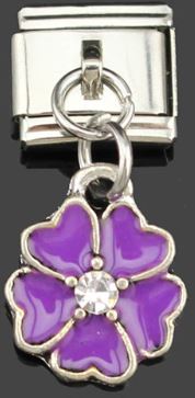 Italian Charm Dangle Flower Purple Enamel & Rhinestone (Fits Nomination Bracelet)
