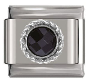 Italian Charm Diamante Black 'Onyx' Sphere in 'Silver' Brocade on 'Silver' Link (Fits Nomination Bracelet)