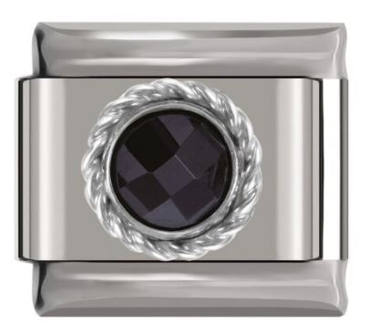 Italian Charm Diamante Black 'Onyx' Sphere in 'Silver' Brocade on 'Silver' Link (Fits Nomination Bracelet)