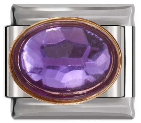 Italian Charm Diamante Oval Purple 'Amethyst' in 'Gold' Outline on 'Silver' Link (Fits Nomination Bracelet)