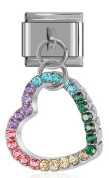 Italian Charm Multicoloured Rhinestones Heart Outline 'Silver' Dangle (Fits Nomination Bracelet)