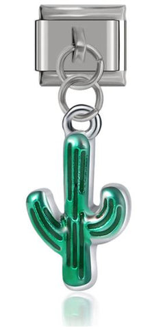 Italian Charm Enamel Green Metallic Cactus 'Silver' Dangle (Fits Nomination Bracelet)