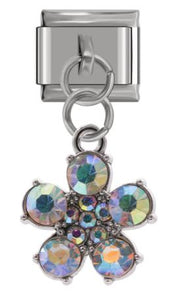 Italian Charm Diamante Clear 'Opal' Floral 'Silver' Dangle (Fits Nomination Bracelet)