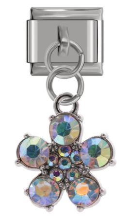 Italian Charm Diamante Clear 'Opal' Floral 'Silver' Dangle (Fits Nomination Bracelet)