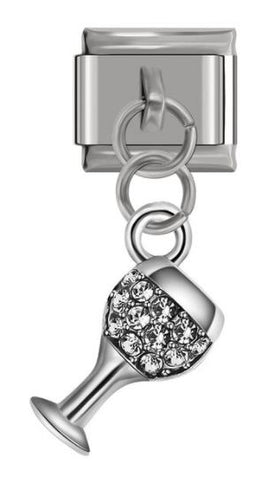 Italian Charm Diamante Clear Wine Glass 'Silver' Dangle (Fits Nomination Bracelet)