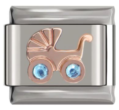 Italian Charm 'Rose Gold' Baby Pram Carriage and 'Aquamarine' Wheels 'Silver' (Fits Nomination Bracelet)