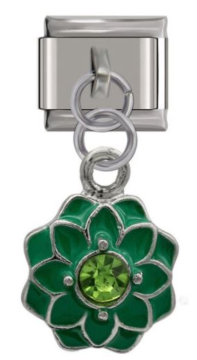 Italian Charm Enamel Green Flower with Green Diamante 'Silver' Dangle (Fits Nomination Bracelet)