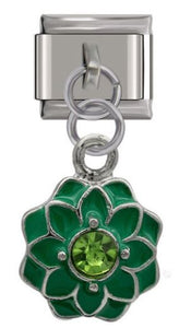 Italian Charm Enamel Green Flower with Green Diamante 'Silver' Dangle (Fits Nomination Bracelet)