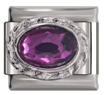 Italian Charm 'Amethyst' Oval Encased in 'Silver' Brocade 'Silver' (Fits Nomination Bracelet)