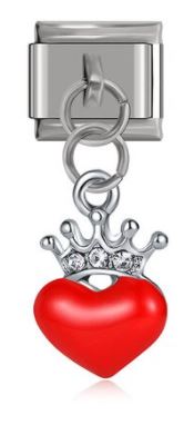 Italian Charm Red Enamel Heart and Diamante Crown 'Silver' Dangle (Fits Nomination Bracelet)
