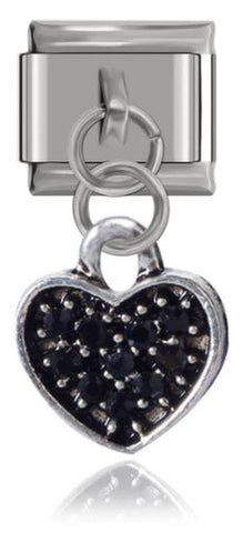 Italian Charm Black Diamante Heart 'Silver' Dangle (Fits Nomination Bracelet)