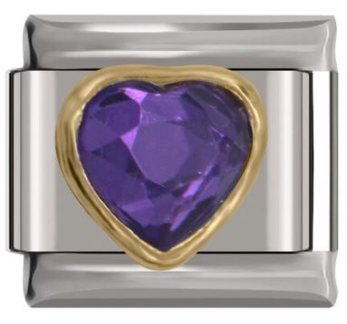 Italian Charm 'Amethyst' Purple 'Gold' Outline Heart 'Silver' (Fits Nomination Bracelet)