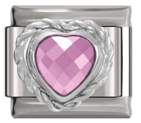 Italian Charm Pink Diamante Heart Encased in 'Silver' Brocade 'Silver' (Fits Nomination Bracelet)
