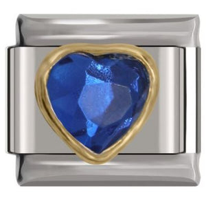 Italian Charm Blue 'Sapphire' Diamante Heart Encased in 'Gold' Outline 'Silver' (Fits Nomination Bracelet)