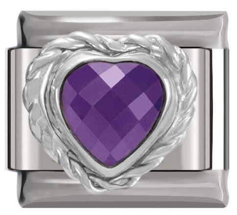 Italian Charm Purple 'Amethyst' Diamante Heart Encased in 'Gold' Brocade 'Silver' (Fits Nomination Bracelet)