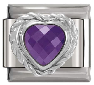 Italian Charm Purple 'Amethyst' Diamante Heart Encased in 'Gold' Brocade 'Silver' (Fits Nomination Bracelet)
