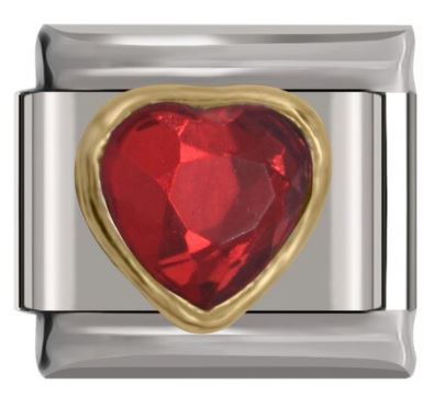 Italian Charm Red 'Ruby' Diamante Heart Encased in 'Gold' Outline 'Silver' (Fits Nomination Bracelet)
