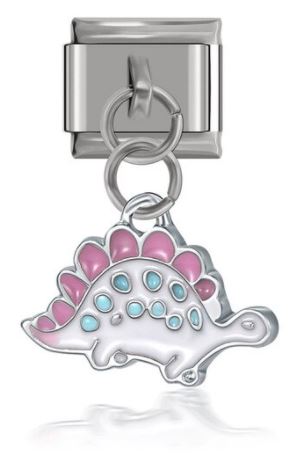Italian Charm White Enamel Dinosaur with Pink and Green Scales 'Silver' Dangle (Fits Nomination Bracelet)