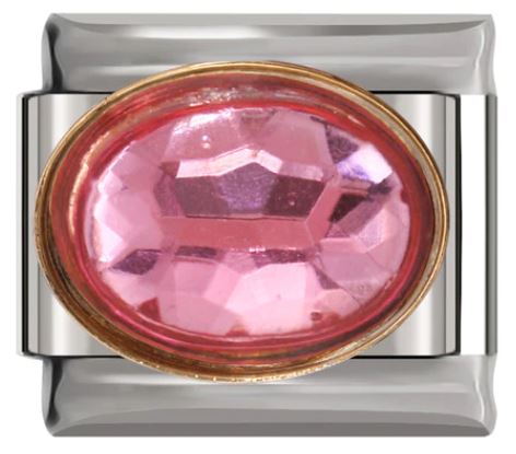 Italian Charm Diamante Oval Hot Pink in 'Gold' Outline on 'Silver' Link (Fits Nomination Bracelet)