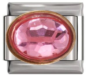 Italian Charm Diamante Oval Hot Pink in 'Gold' Outline on 'Silver' Link (Fits Nomination Bracelet)