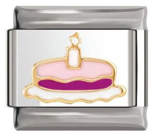 Italian Charm Birthday Cake Pink Enamel 'Gold' Outline on 'Silver' Link (Fits Nomination Bracelet)