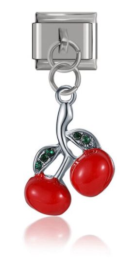 Italian Charm Red Cherry Enamel and Green Diamante Dangle on 'Silver' Link (Fits Nomination Bracelet)