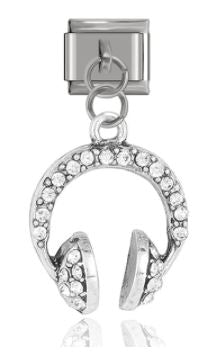 Italian Charm Headphones Diamante 'Silver' Dangle on 'Silver' Link (Fits Nomination Bracelet)