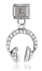 Italian Charm Headphones Diamante 'Silver' Dangle on 'Silver' Link (Fits Nomination Bracelet)
