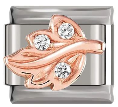 Italian Charm Leaf 'Rose Gold' with 3 Diamante of 'Silver' Link (Fits Nomination Bracelet)