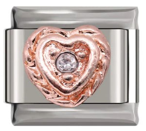 Italian Charm Heart 'Rose Gold' Diamante in Brocade on 'Silver' Link (Fits Nomination Bracelet)