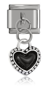 Italian Charm Black 'Onyx' Heart in 'Silver' Brocade Dangle on 'Silver' Link (Fits Nomination Bracelet)