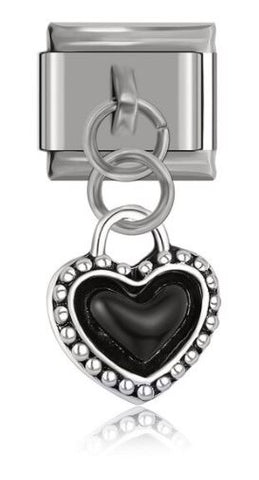 Italian Charm Black 'Onyx' Heart in 'Silver' Brocade Dangle on 'Silver' Link (Fits Nomination Bracelet)