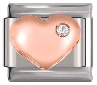 Italian Charm Puffy Heart 'Rose Gold' with Diamond on 'Silver' Link (Fits Nomination Bracelet)