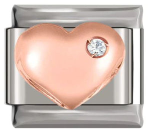 Italian Charm Puffy Heart 'Rose Gold' with Diamond on 'Silver' Link (Fits Nomination Bracelet)