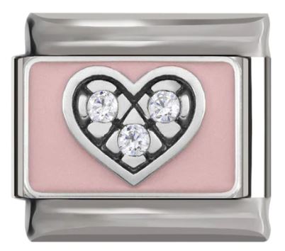 Italian Charm Heart Pink Enamel with Diamante Pave on 'Silver' Link (Fits Nomination Bracelet)