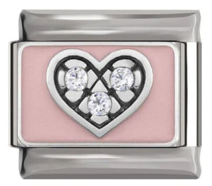 Italian Charm Heart Pink Enamel with Diamante Pave on 'Silver' Link (Fits Nomination Bracelet)