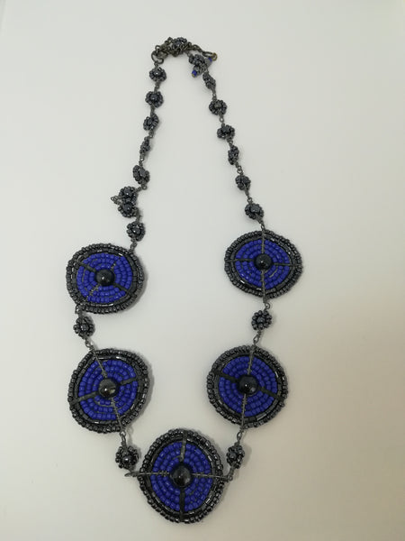 Necklace Disks Seed Bead Charcoal and Blue Beads