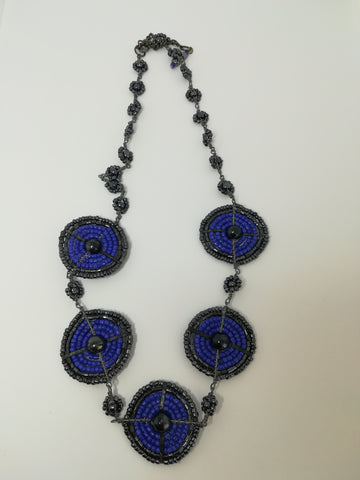 Necklace Disks Seed Bead Charcoal and Blue Beads