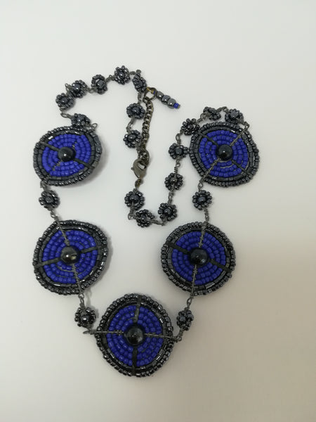 Necklace Disks Seed Bead Charcoal and Blue Beads