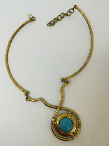 Necklace Brass with Round Turquoise Pendant/Stone