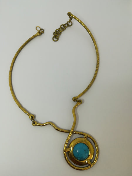 Necklace Brass with Round Turquoise Pendant/Stone
