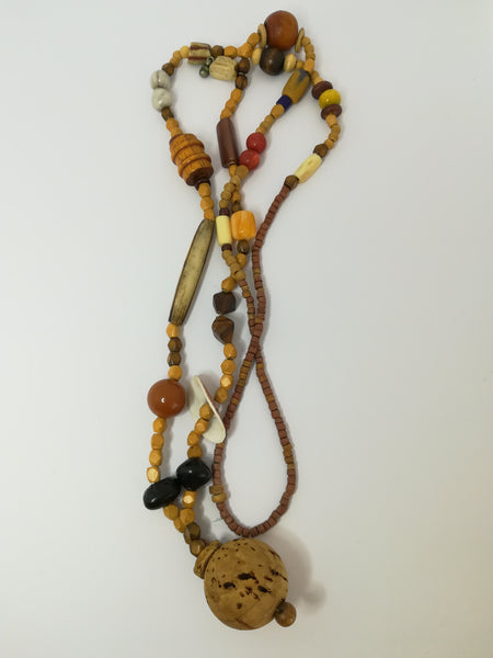 Necklace Wooden Beads, Cork Bubble Pendant with Shell