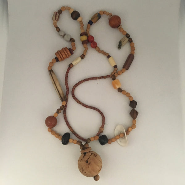 Necklace Wooden Beads, Cork Bubble Pendant with Shell