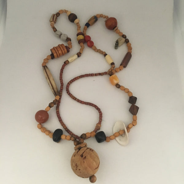 Necklace Wooden Beads, Cork Bubble Pendant with Shell