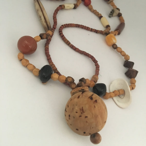 Necklace Wooden Beads, Cork Bubble Pendant with Shell