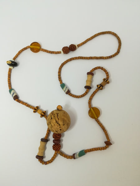 Necklace Wooden Beads, Cork Bubble Pendant with Shell