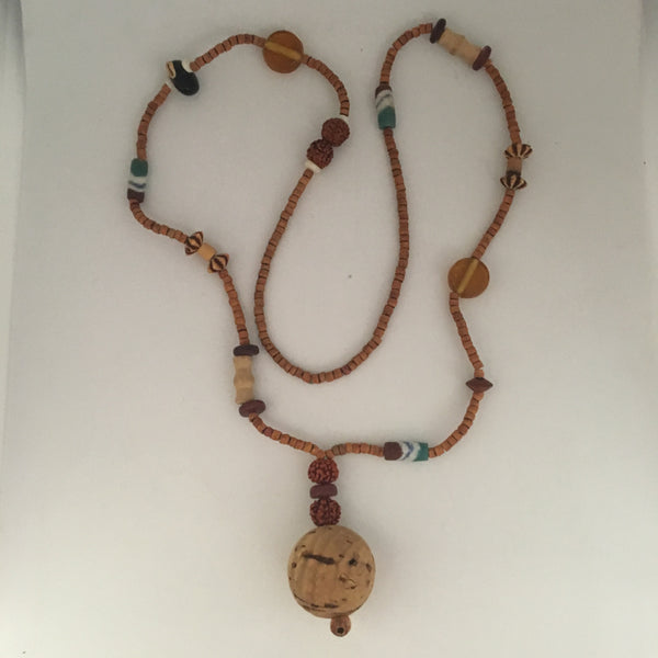 Necklace Wooden Beads, Cork Bubble Pendant with Shell