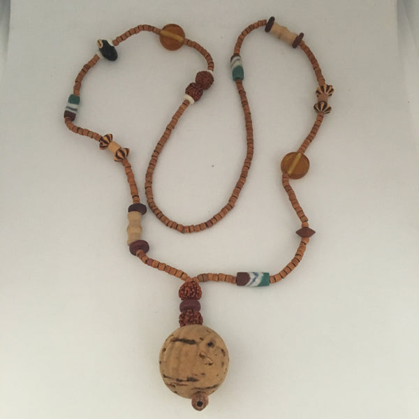 Necklace Wooden Beads, Cork Bubble Pendant with Shell