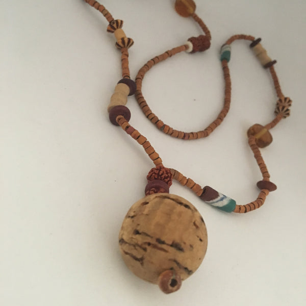 Necklace Wooden Beads, Cork Bubble Pendant with Shell