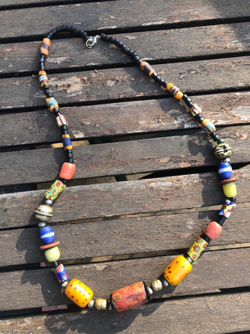 Necklace African Trade Beads: Silver and Millefiori, 3 Amber Beads